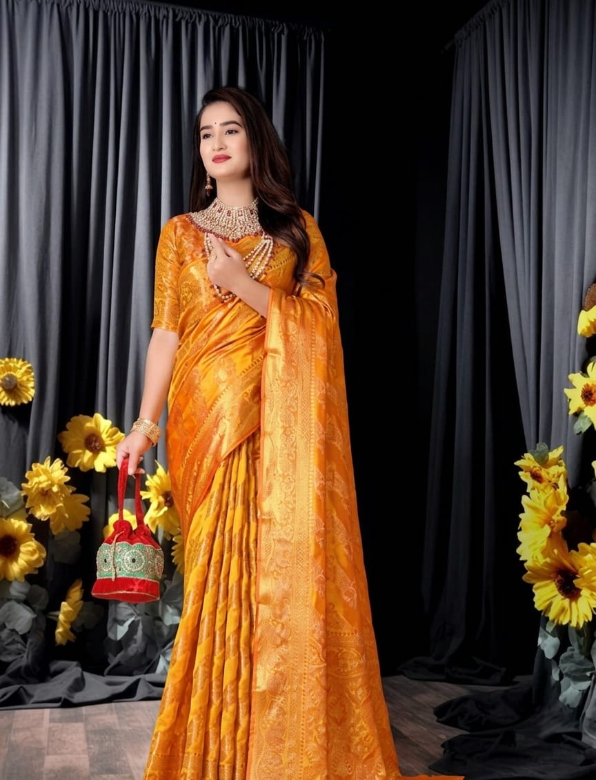 Zk organza silk fabric banarasi self designed saree with zari woven border & unstitched blouse