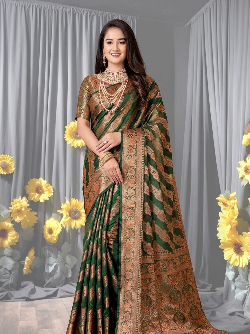 Zk organza silk fabric banarasi self designed saree with zari woven border & unstitched blouse