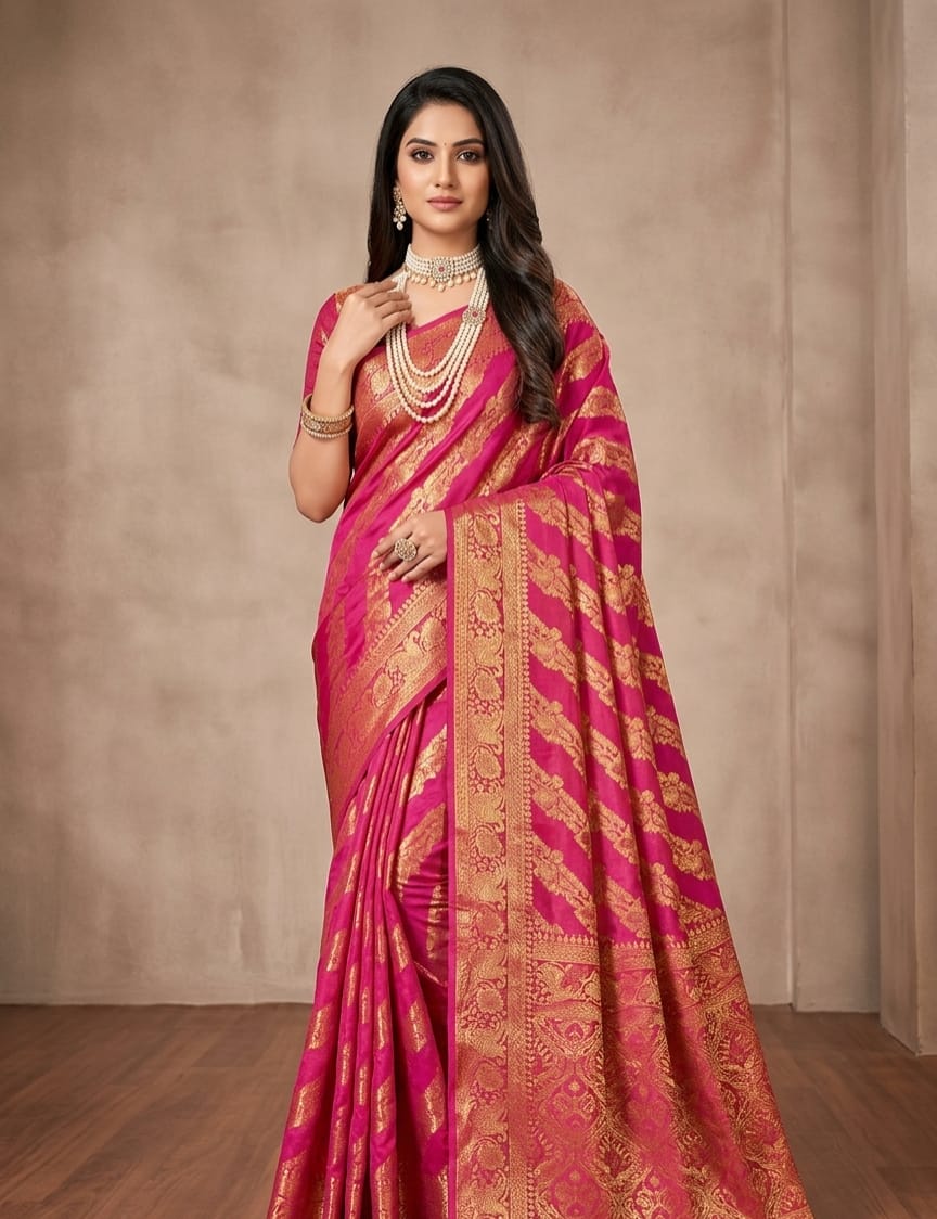 Zk organza silk fabric banarasi self designed saree with zari woven border & unstitched blouse
