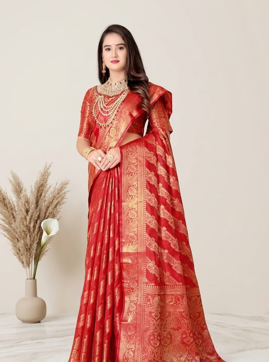 Zk organza silk fabric banarasi self designed saree with zari woven border & unstitched blouse