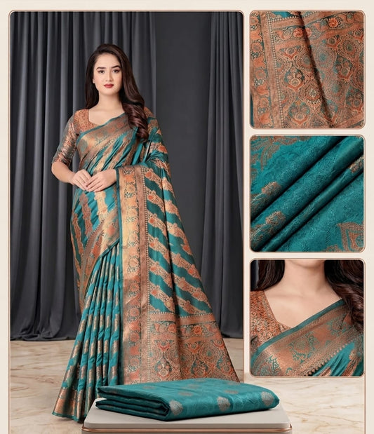 Zk organza silk fabric banarasi self designed saree with zari woven border & unstitched blouse